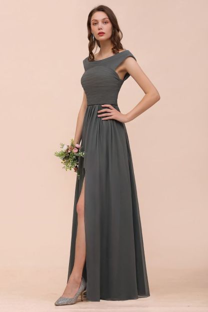 Grey Cap Sleeves 100D Chiffon Long Evening Dress with Side Slit