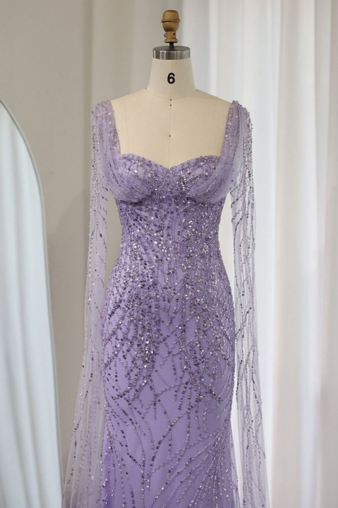 Gorgeous Sweetheart Lilac Mermaid Evening Gowns with Cape Sleeves Glitter Beading Sequins Long Wedding Party Dress-Babyonlinewholesale