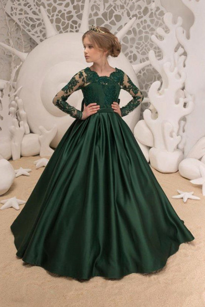 Newest Satin Dark Green Jewel Lace Backless Flower Girl Dresses With Bow| Long Sleeves Floor Length Girl Party Dresses-Babyonlinewholesale