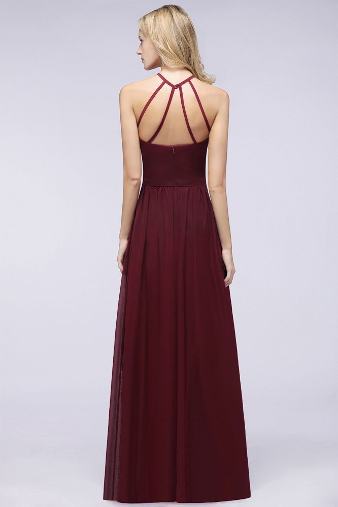 Chiffon A-Line Halter Sleeveless Long Bridesmaid Dress with Ruffles