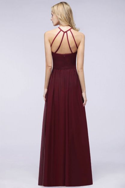 Chiffon A-Line Halter Sleeveless Long Bridesmaid Dress with Ruffles