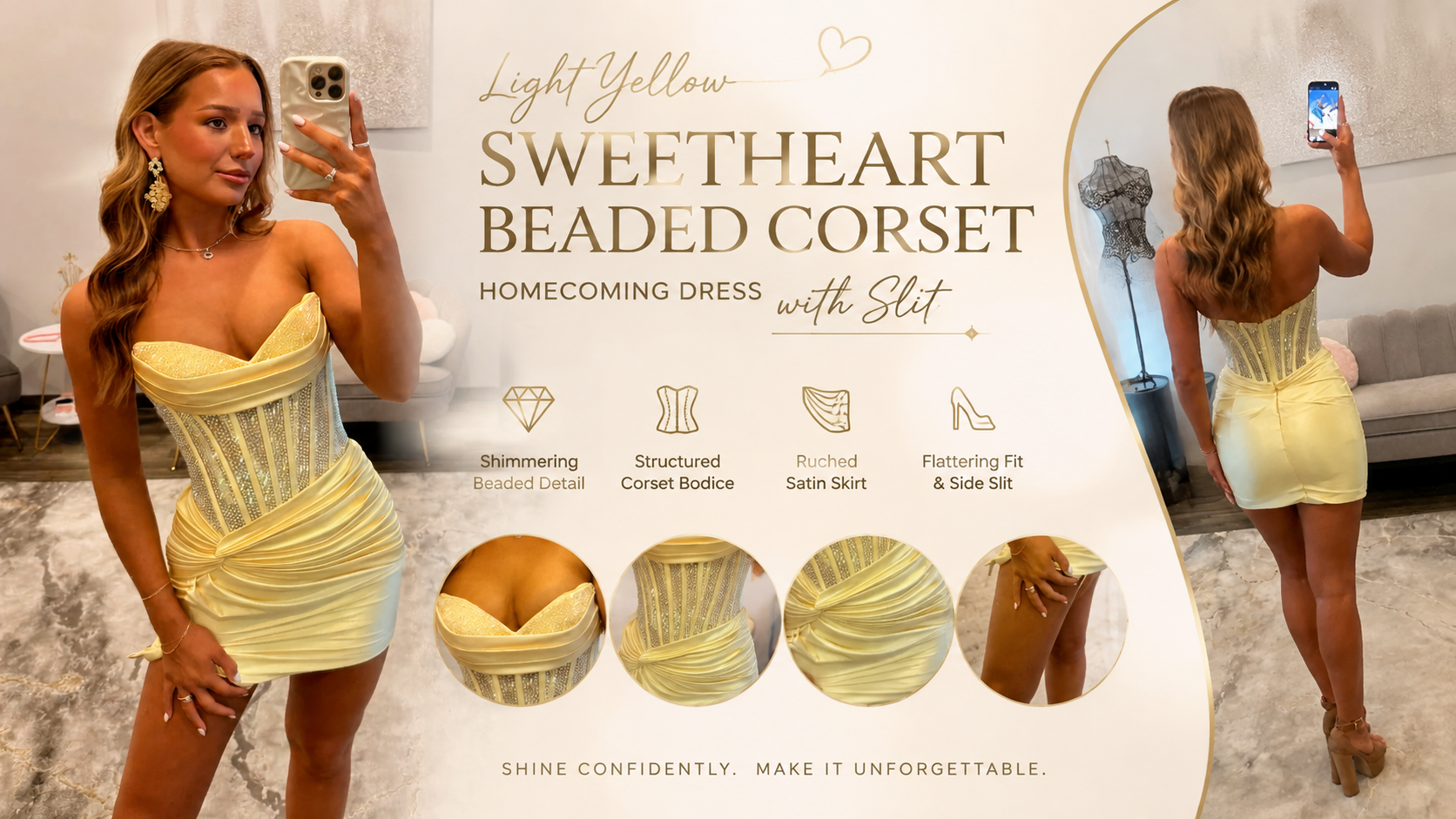 Light Yellow Sweetheart Beaded Corset Tight Short Homecoming Dress with Slit