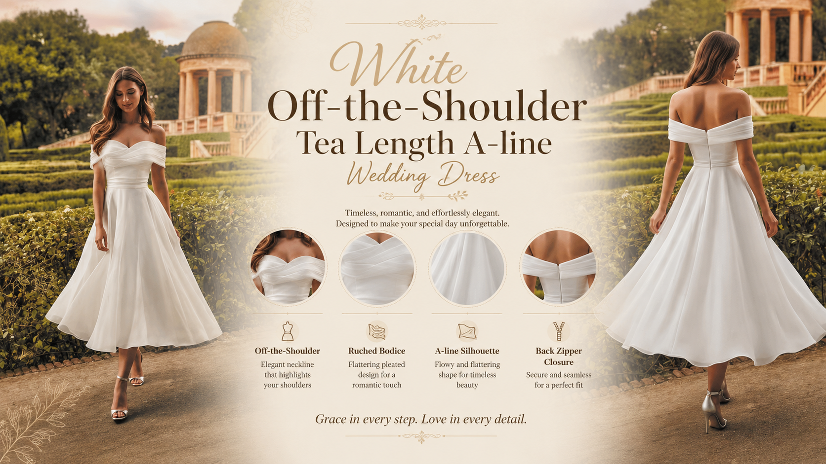 White Off-the-Shoulder Ruched Tea Length A-line Wedding Dress