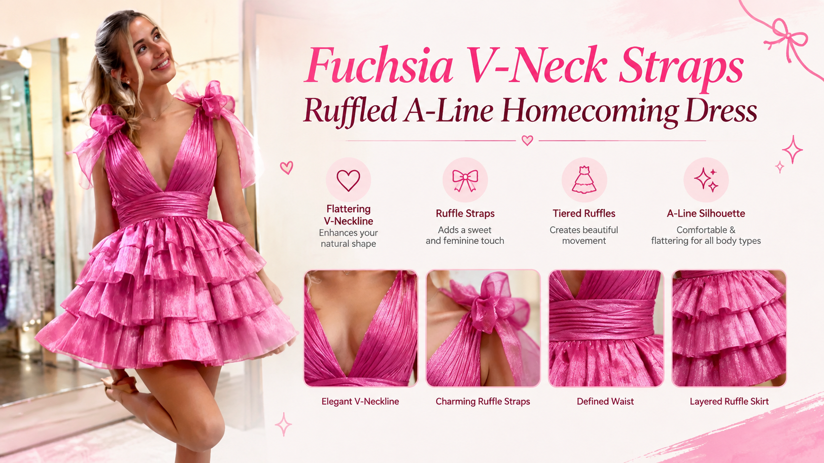 Fuchsia V-Neck Straps Ruffled A-Line Short Homecoming Dress