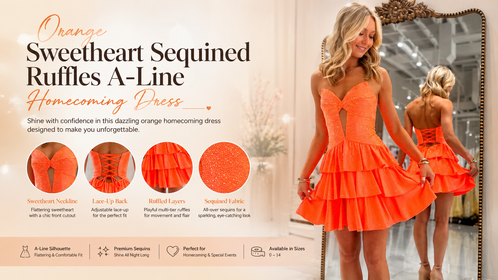 Orange Sweetheart Sequined Ruffles A-Line Short Homecoming Dress