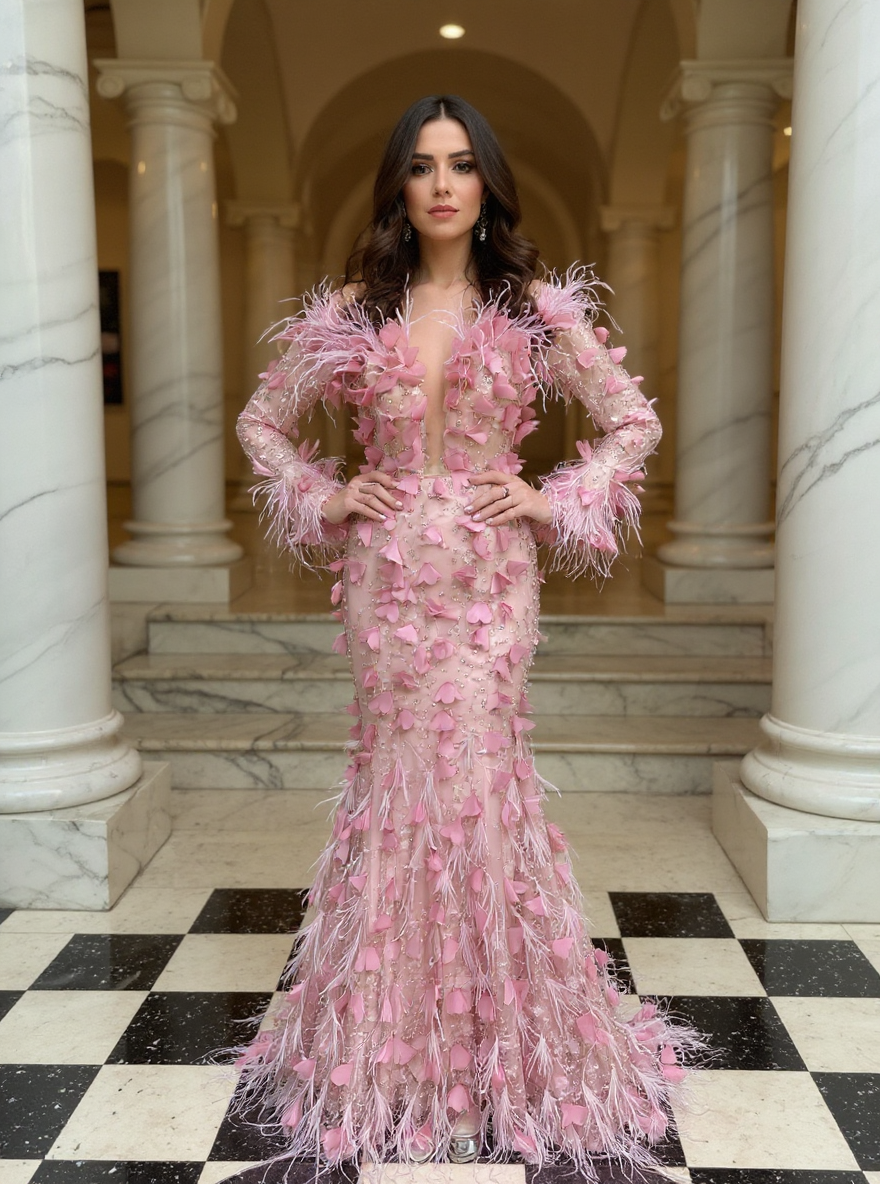 V-neck Long Sleeves Mermaid Evening Dresses Floor Length