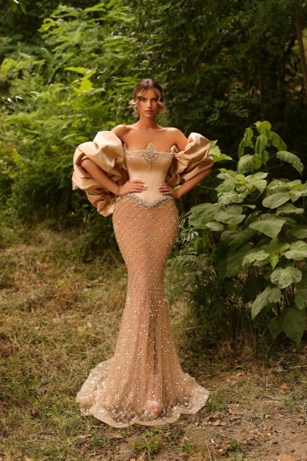 Gorgeous Satin Mermaid Evening Gown Beadings Floor Length with Puffy Sleeves