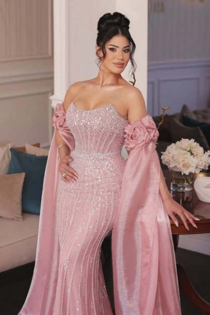 Pink Strapless Crystals Mermaid Evening Dresses Floor Length