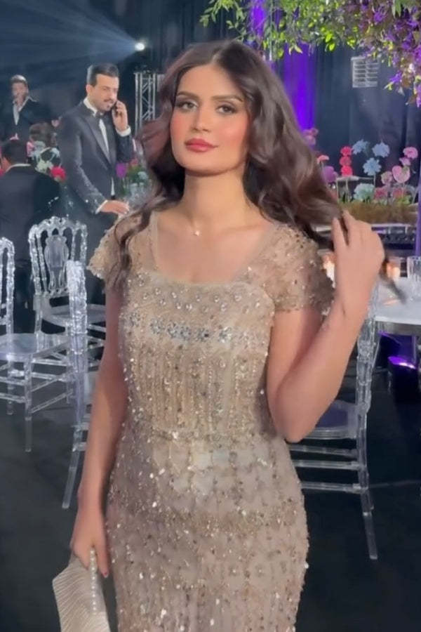 Glitter Short Sleeves Sequins Sheath Evening Dresses Floor Length