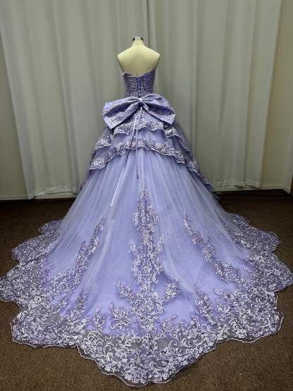 Lilac Strapless Tulle Applique A-line Prom Dresses Chapel Train