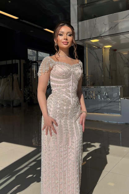 Stunning Short Sleeves Side Split Sheath Evening Dress with Beadings