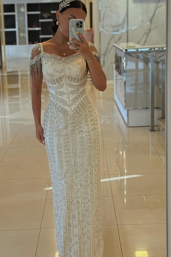 Stunning Short Sleeves Side Split Sheath Evening Dress with Beadings