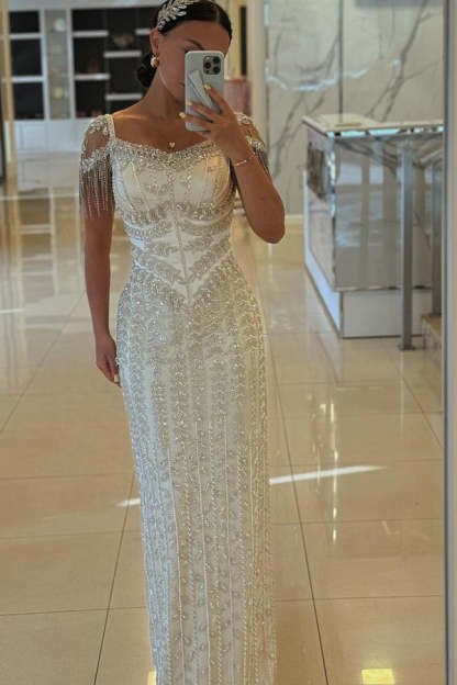 Stunning Short Sleeves Side Split Sheath Evening Dress with Beadings