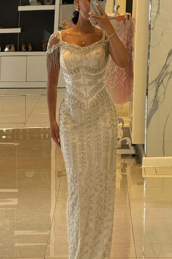 Stunning Short Sleeves Side Split Sheath Evening Dress with Beadings