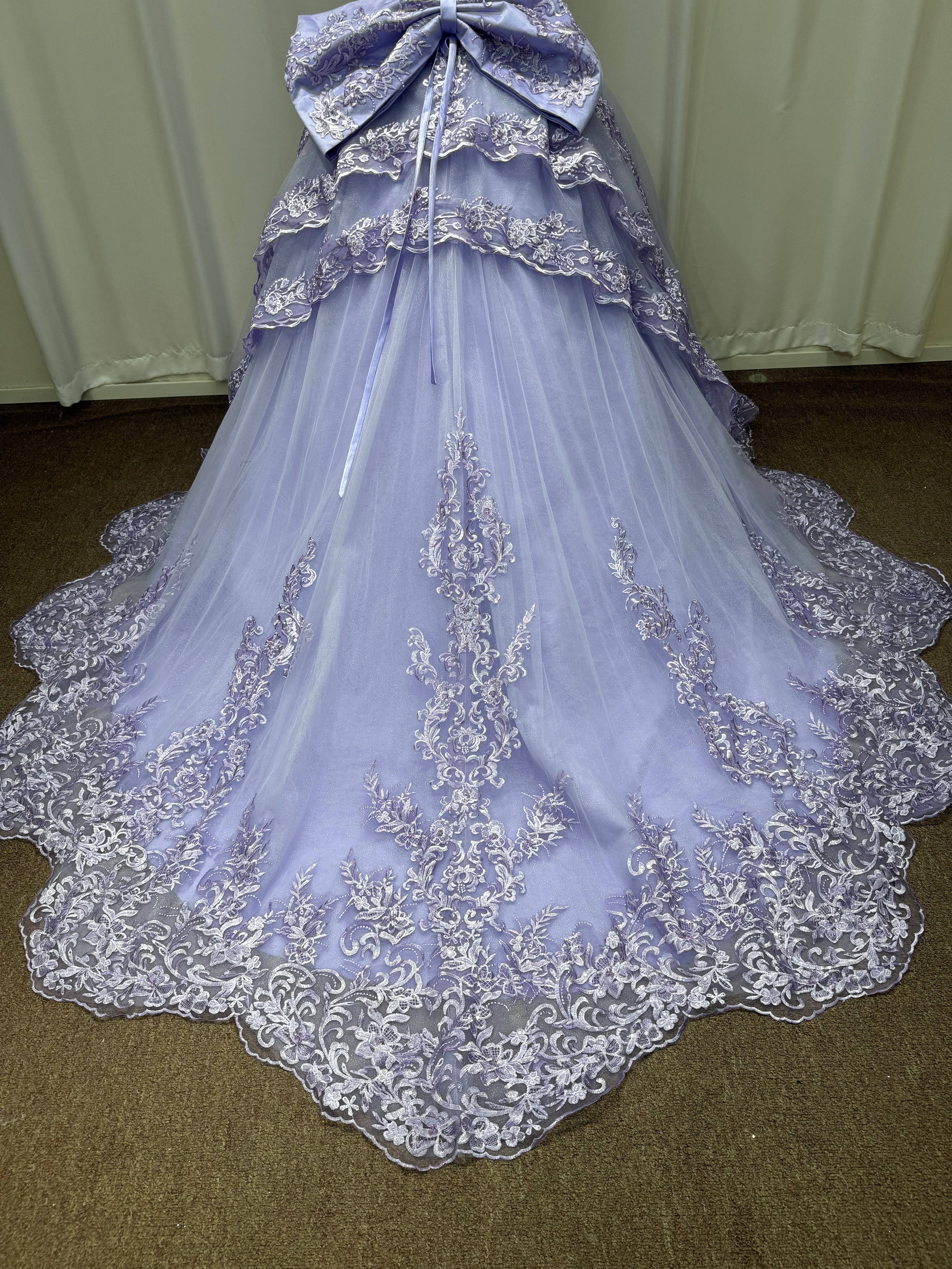Lilac Strapless Tulle Applique A-line Prom Dresses Chapel Train