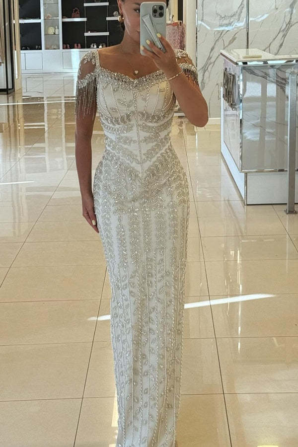 Stunning Short Sleeves Side Split Sheath Evening Dress with Beadings