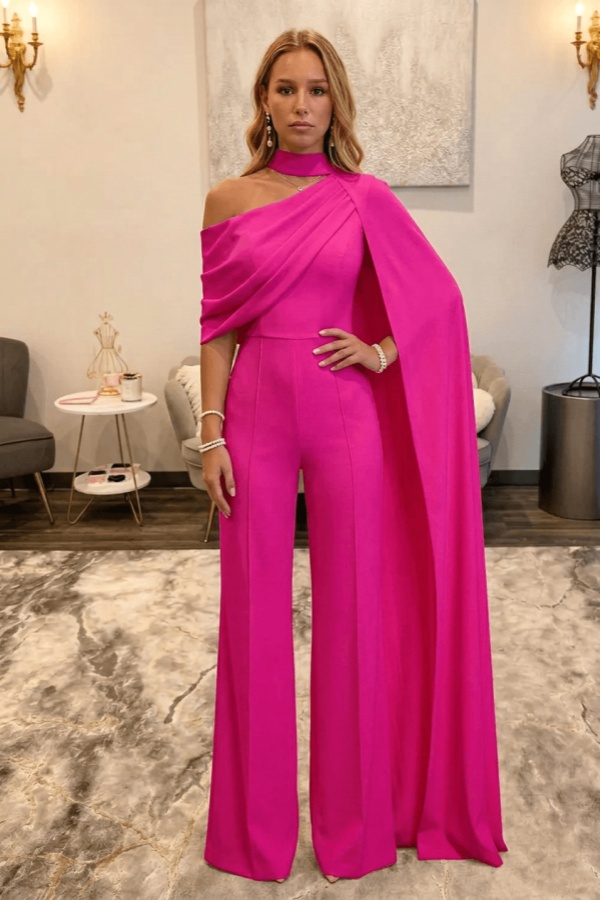 Fuchsia Asymmetric Neck One-Shoulder Bridal Formal Jumpsuit with Sash