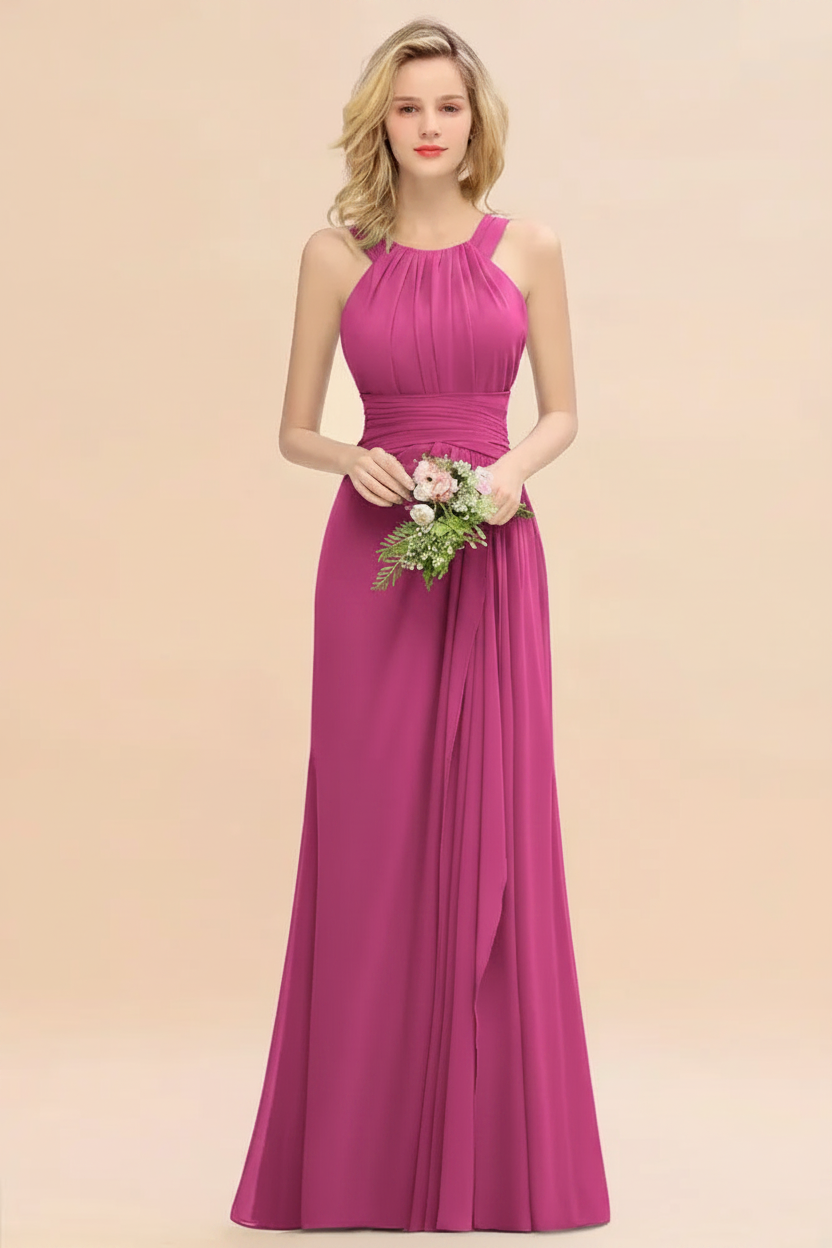 fuchsia halter chiffon floor length bridesmaid dress