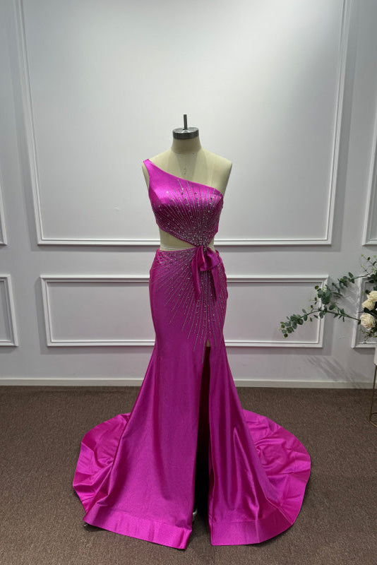 fuchsia one shoulder dress Sheath Slit Formal line silhouette flatters your figure One Shoulder Fuchsia Sequins Sleeveless