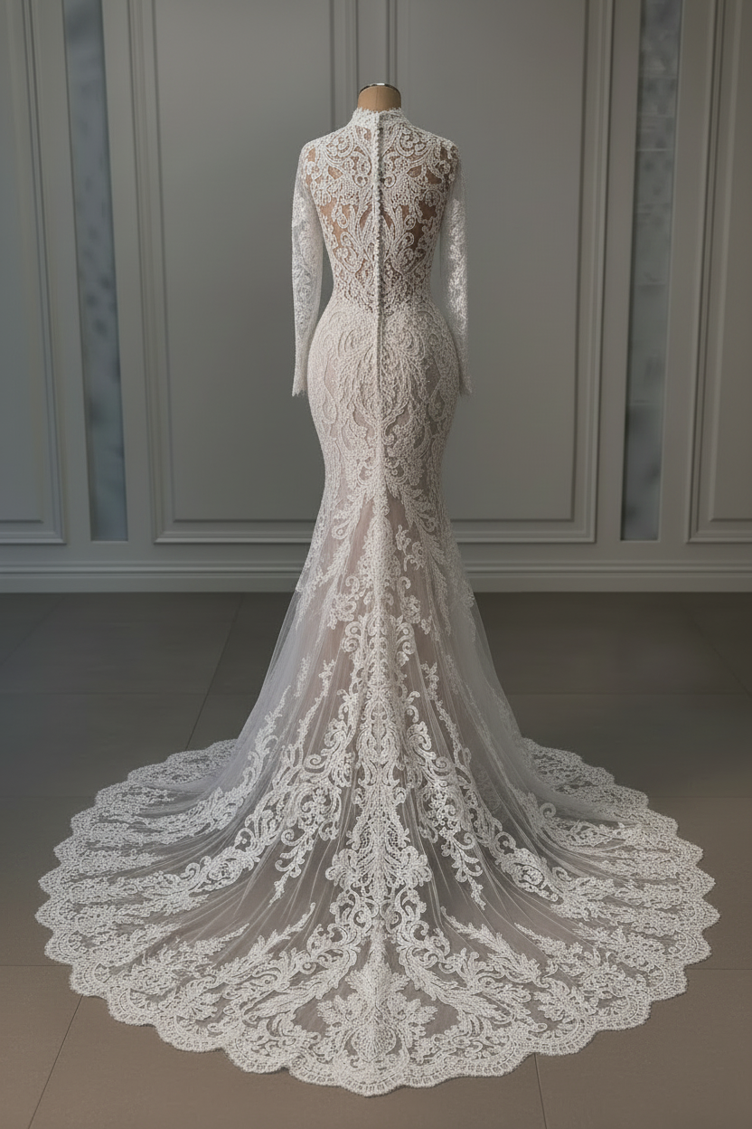 High-neck Lace Appliques Long Sleeves Floor-Length Mermaid Wedding Dresses