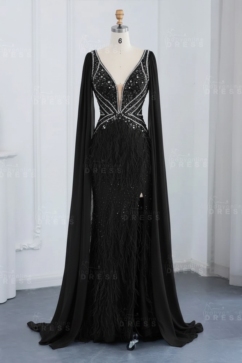 Glamorous V-Neck Fur Beadings Front Slit Mermaid Evening Gowns with Tulle with Cape Sleeves Wedding Party Dress