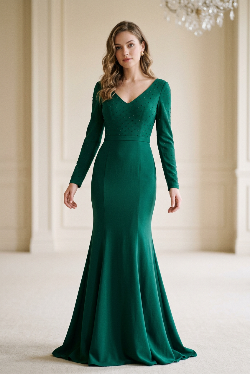 Woman wearing an emerald green long-sleeve mermaid prom dress with a V-neckline and flared floor-length skirt.