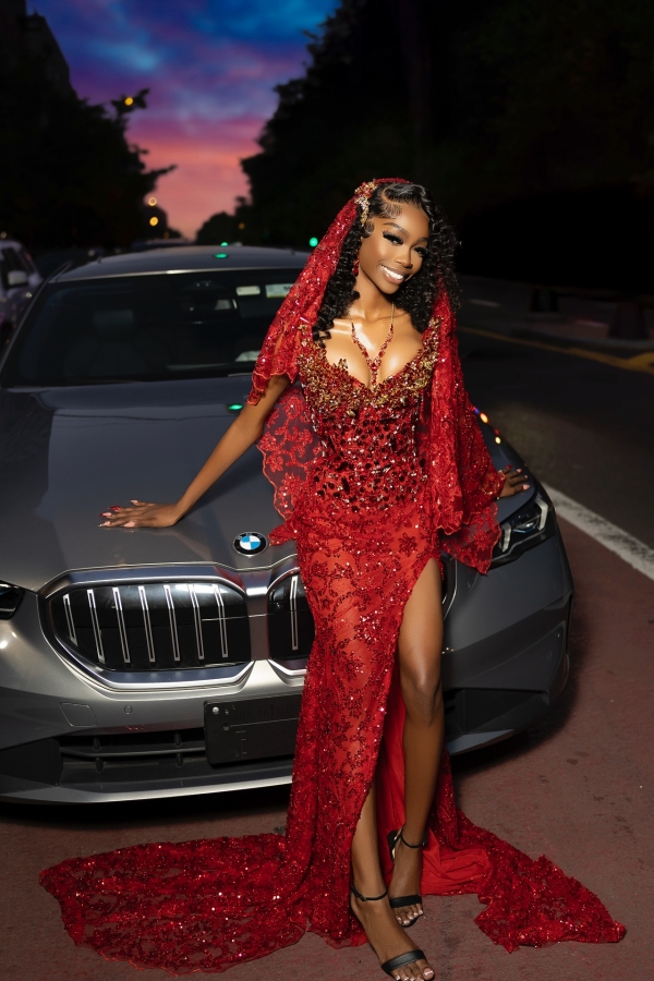 Glitter Red Sleeveless Sequins Mermaid Prom Dress with Veils