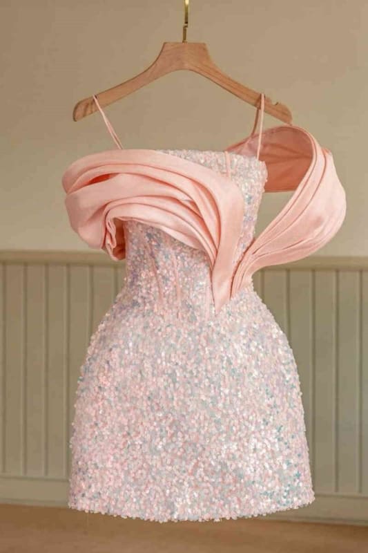 Glitter Sequins Pink Short Party Dress Spaghetti Straps Mini Homecoming Dress with Bow - Dress