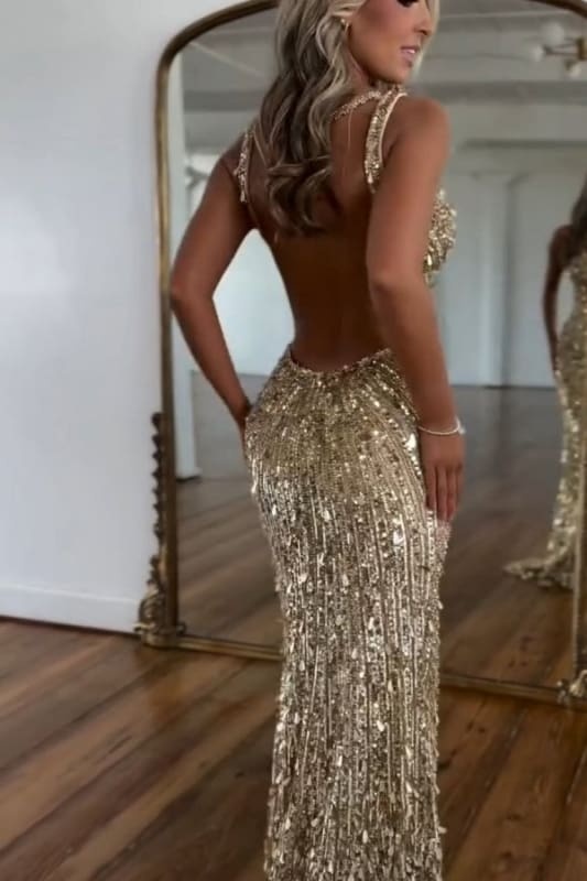 Glitter Sequins Sleeveless V Neck Prom Dress Long with Split