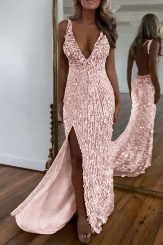 Glitter Sequins Sleeveless V Neck Prom Dress Long with Split
