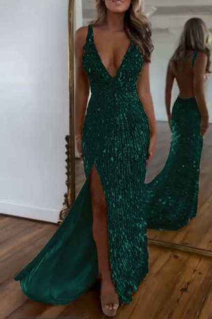 Glitter Sequins Sleeveless V Neck Prom Dress Long with Split