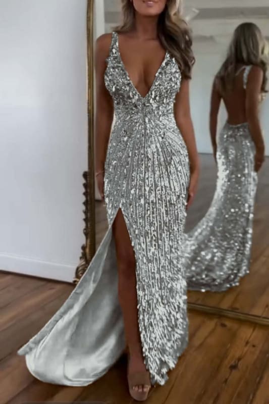 Glitter Sequins Sleeveless V Neck Prom Dress Long with Split