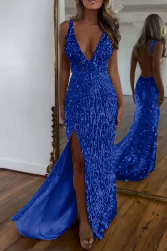 Glitter Sequins Sleeveless V Neck Prom Dress Long with Split