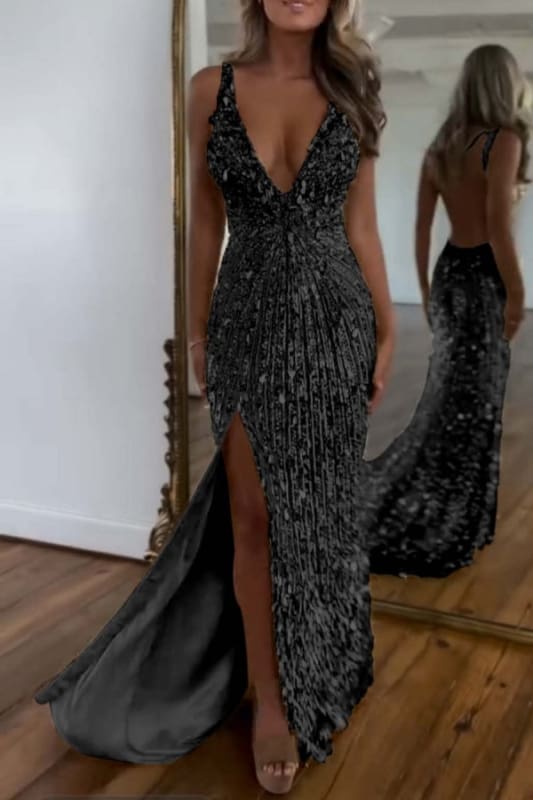 Glitter Sequins Sleeveless V Neck Prom Dress Long with Split