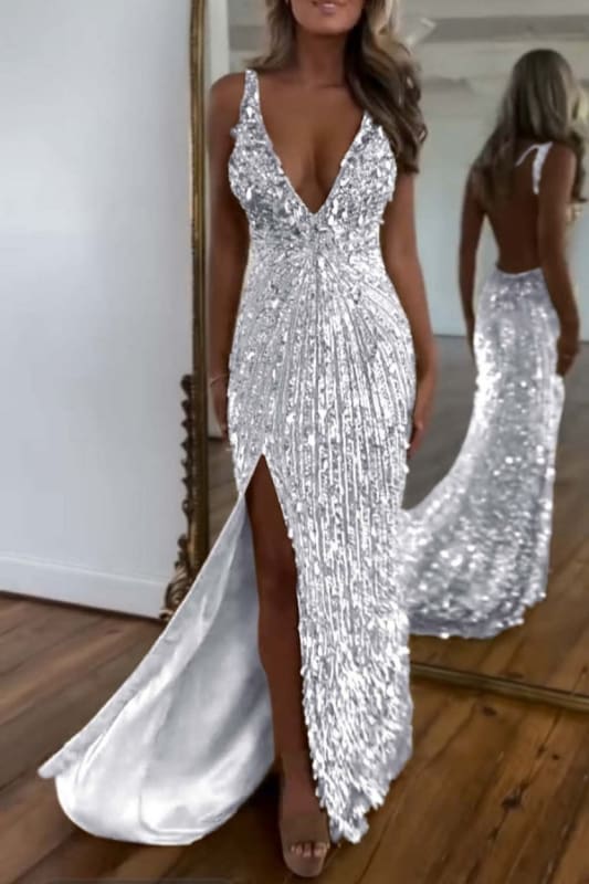 Glitter Sequins Sleeveless V Neck Prom Dress Long with Split