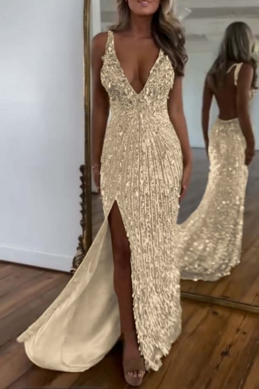 Glitter Sequins Sleeveless V Neck Prom Dress Long with Split
