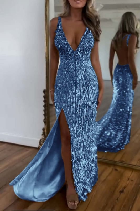Glitter Sequins Sleeveless V Neck Prom Dress Long with Split
