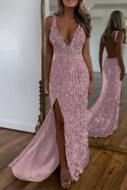 Glitter Sequins Sleeveless V Neck Prom Dress Long with Split
