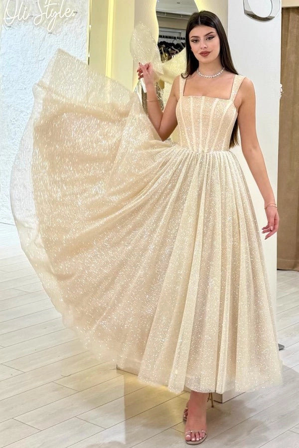 Sparkly Sequins Aline Evening Dress Tea Length with Straps