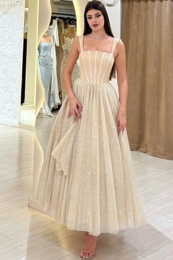 Sparkly Sequins Aline Evening Dress Tea Length with Straps