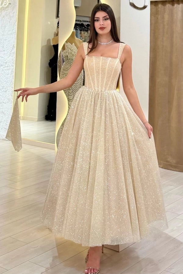 Sparkly Sequins Aline Evening Dress Tea Length with Straps