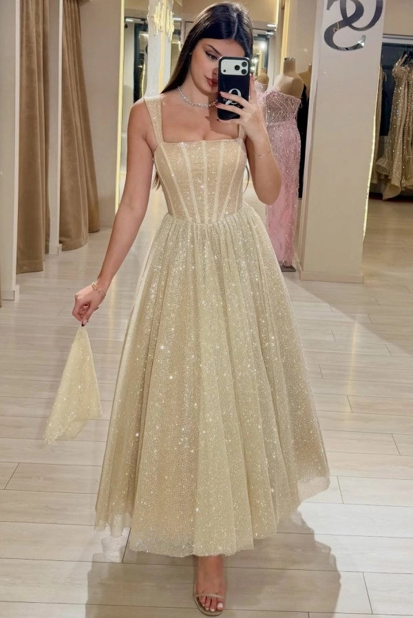 Sparkly Sequins Aline Evening Dress Tea Length with Straps