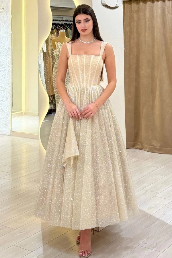 Sparkly Sequins Aline Evening Dress Tea Length with Straps