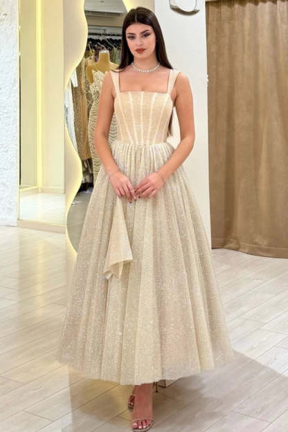 Sparkly Sequins Aline Evening Dress Tea Length with Straps