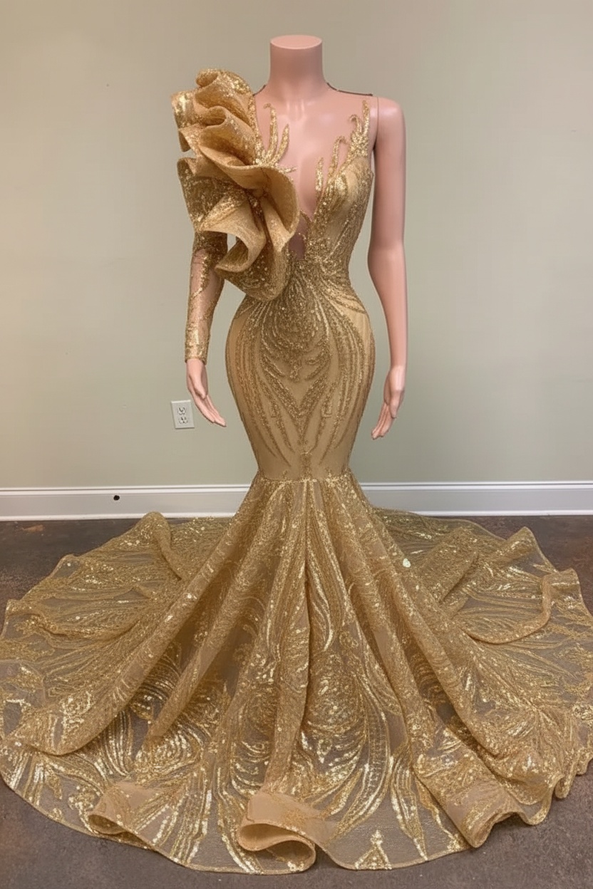 Chic Black Long Sleeve Asymmetrical Floor Length Mermaid Prom Dress