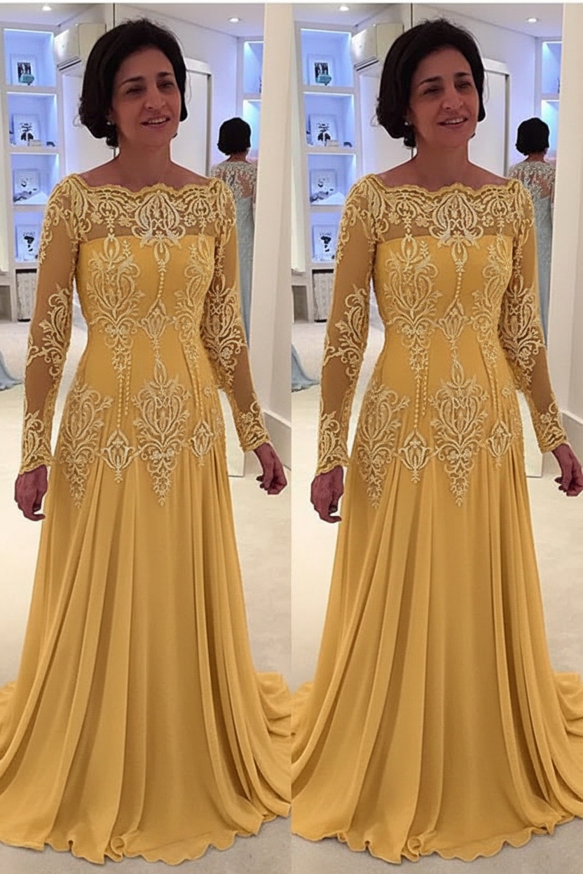 Elegant Floor-Length Lace Long-Sleeves A-line Mother of the Bride Dress 