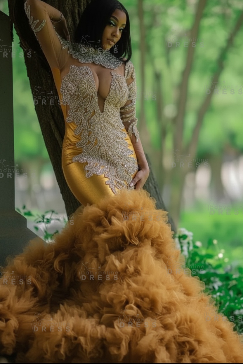 Glamorous Slim Mermaid Evening Gowns with sleeves Beadings Prom Dress