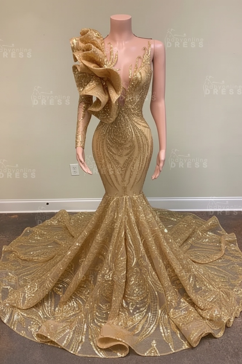Chic Black Long Sleeve Asymmetrical Floor Length Mermaid Prom Dress
