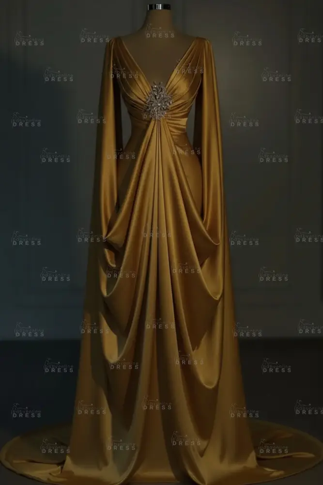 Long sleeves V-neck Satin Ruffles Mermaid Prom Dresses Floor-Length