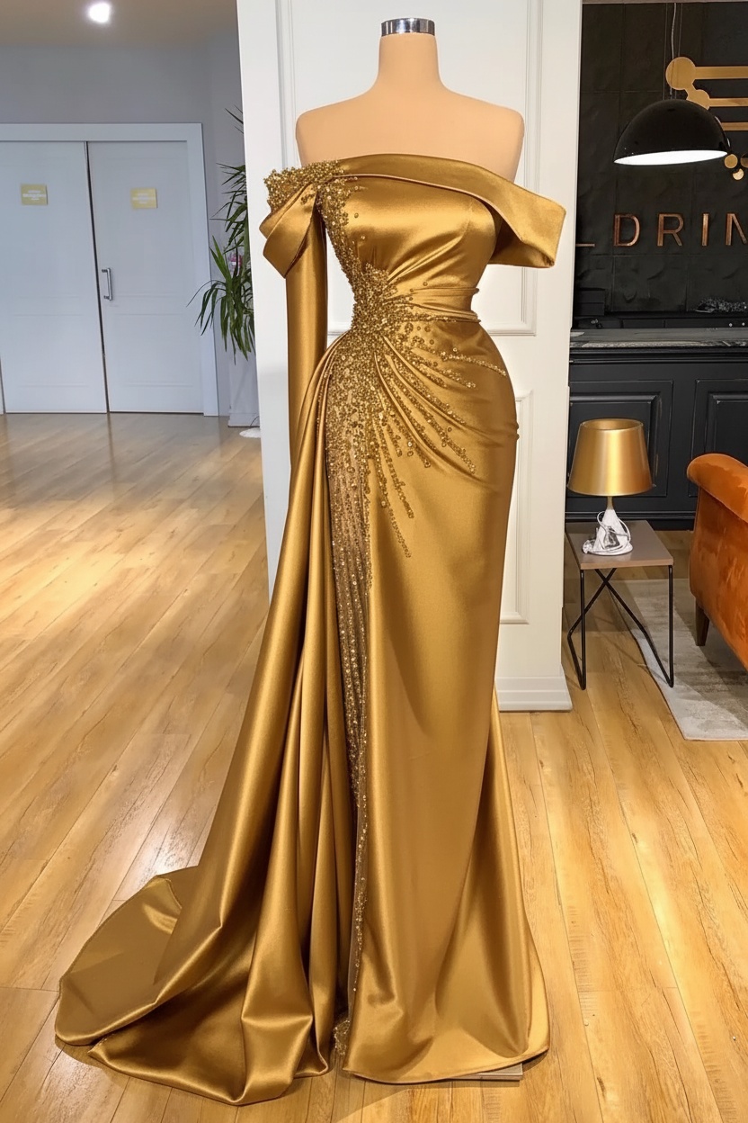 Off-the-Shoulder Satin Floor Length Prom Dress with Side Slit
